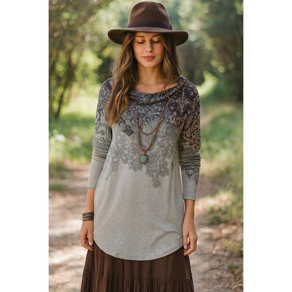 Cactus Pearl Shirt Womens Large Gray Floral Long Sleeve Pullover Cowl Bohemian
